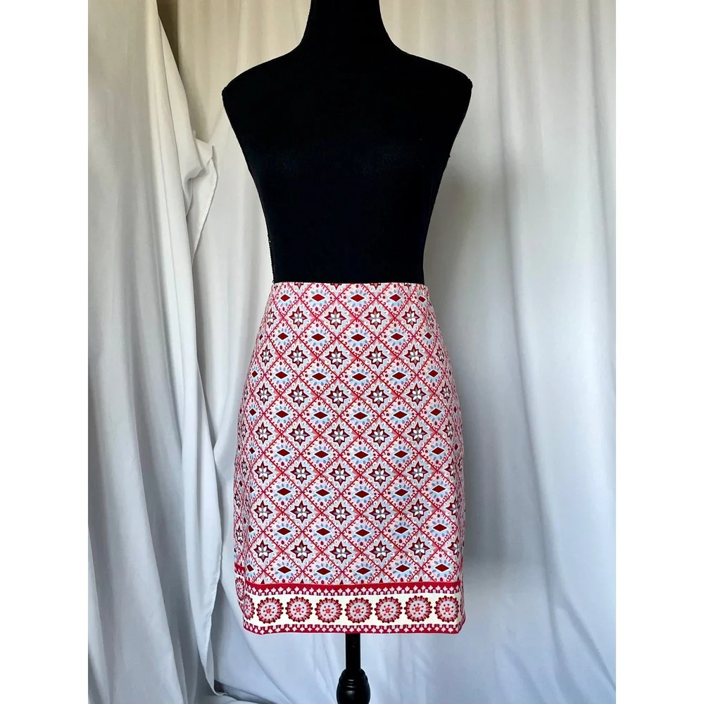 NEW Talbots Canvas Cotton A-Line Skirt Size 6P Red Blue Mediterranean Tile Print